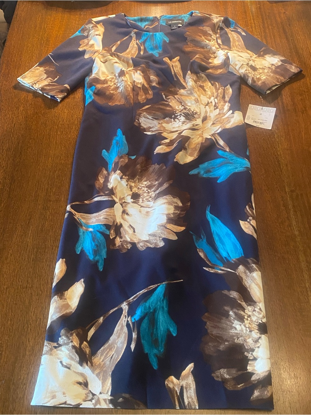 NWT Liz Claiborne Floral Sheath Dress Sz 4 Navy Teal Short Sleeve Crew Neck Midi